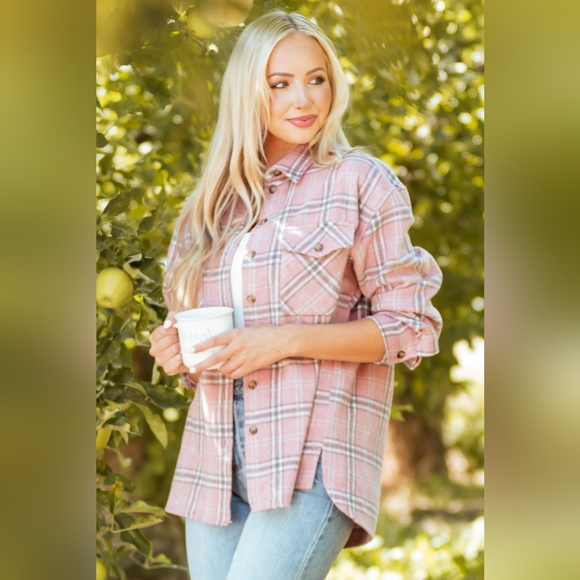 SHE + SKY Baby Pink Plaid Soft Fleece Lightweight Shacket - Picture 1 of 16